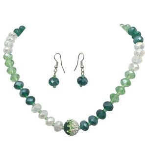 Single Strand Green Clear Glass Beaded Rhinestone Fireball Necklace Earrings Set